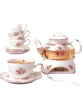 Vintage Floral Porcelain Tea Set - 16pcs with Teapot Warmer, Elegant Dining